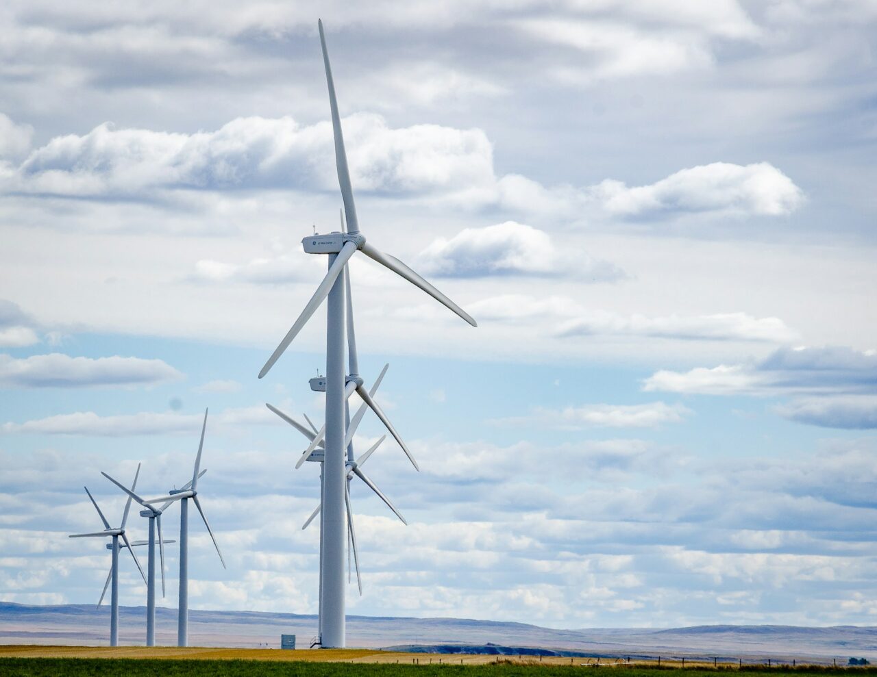 Wind turbines and agricultural fields in southern Alberta, Canada